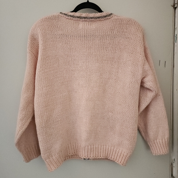 Vintage Hand-knitted Cotton Blend Pink Cardigan - Picture 2 of 4